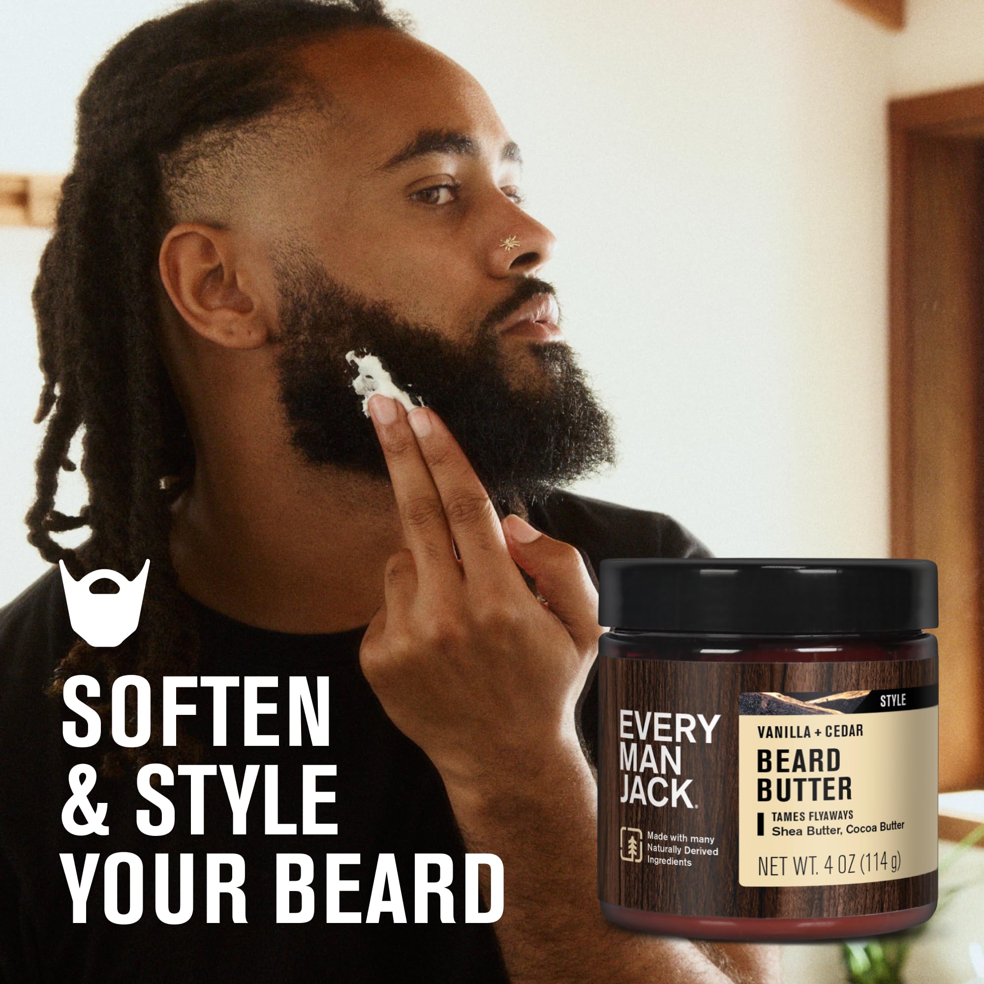 Every Man Jack beard butter vanilla cedar application demonstrates creamy texture