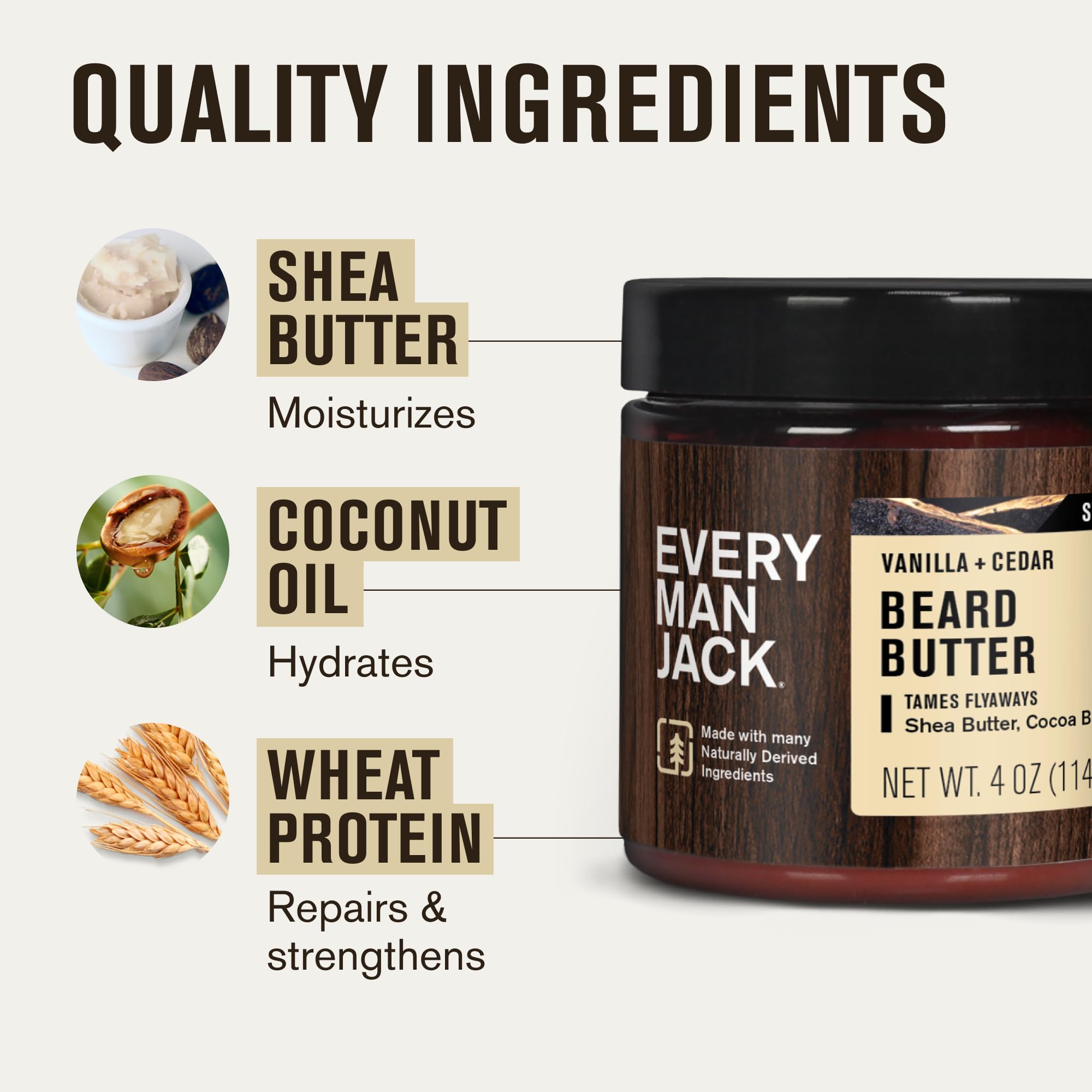 Every Man Jack beard butter vanilla cedar scent features warm vanilla and cedar aroma