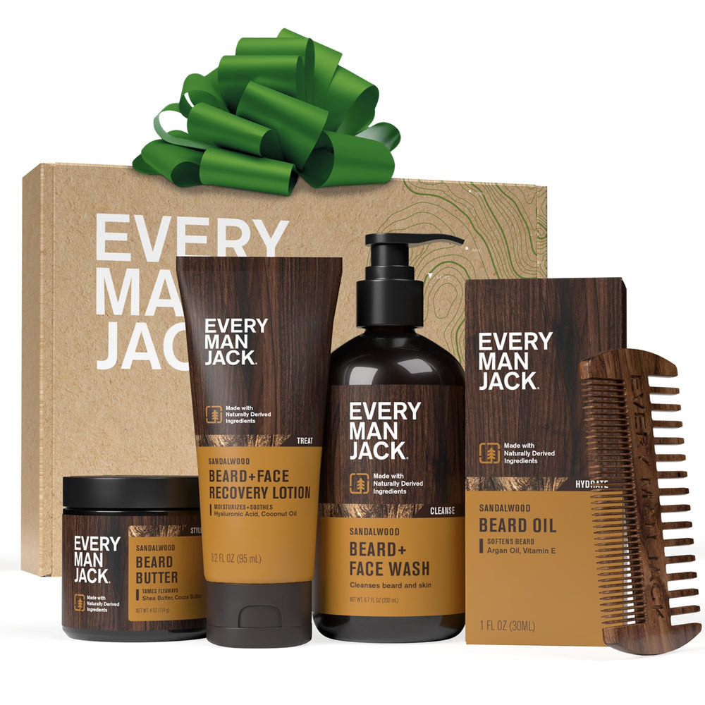 Every Man Jack beard-essentials gift box shown for holiday gifting appeal