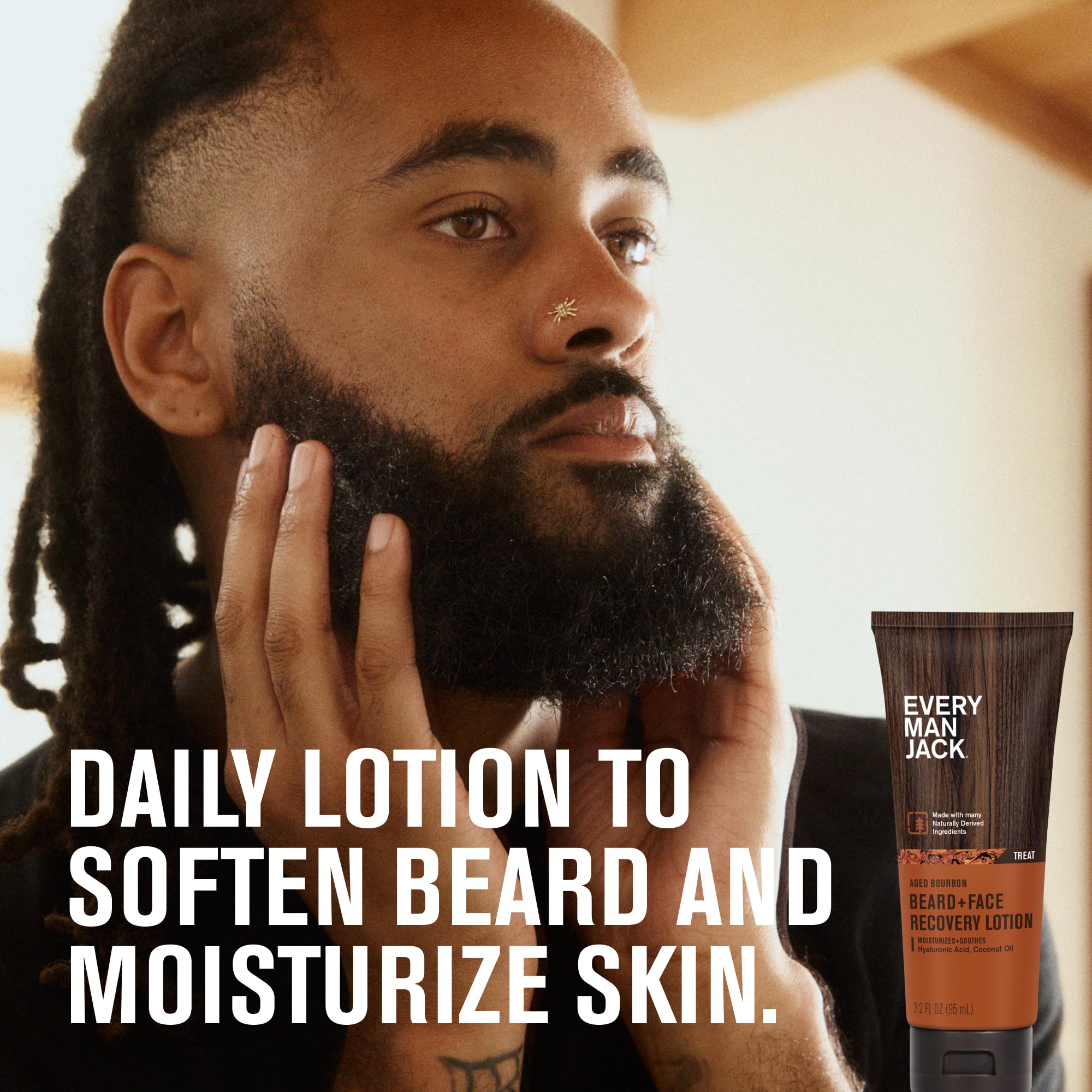 Every Man Jack beard-face recovery lotion bottle side angle for on-the-go moisture