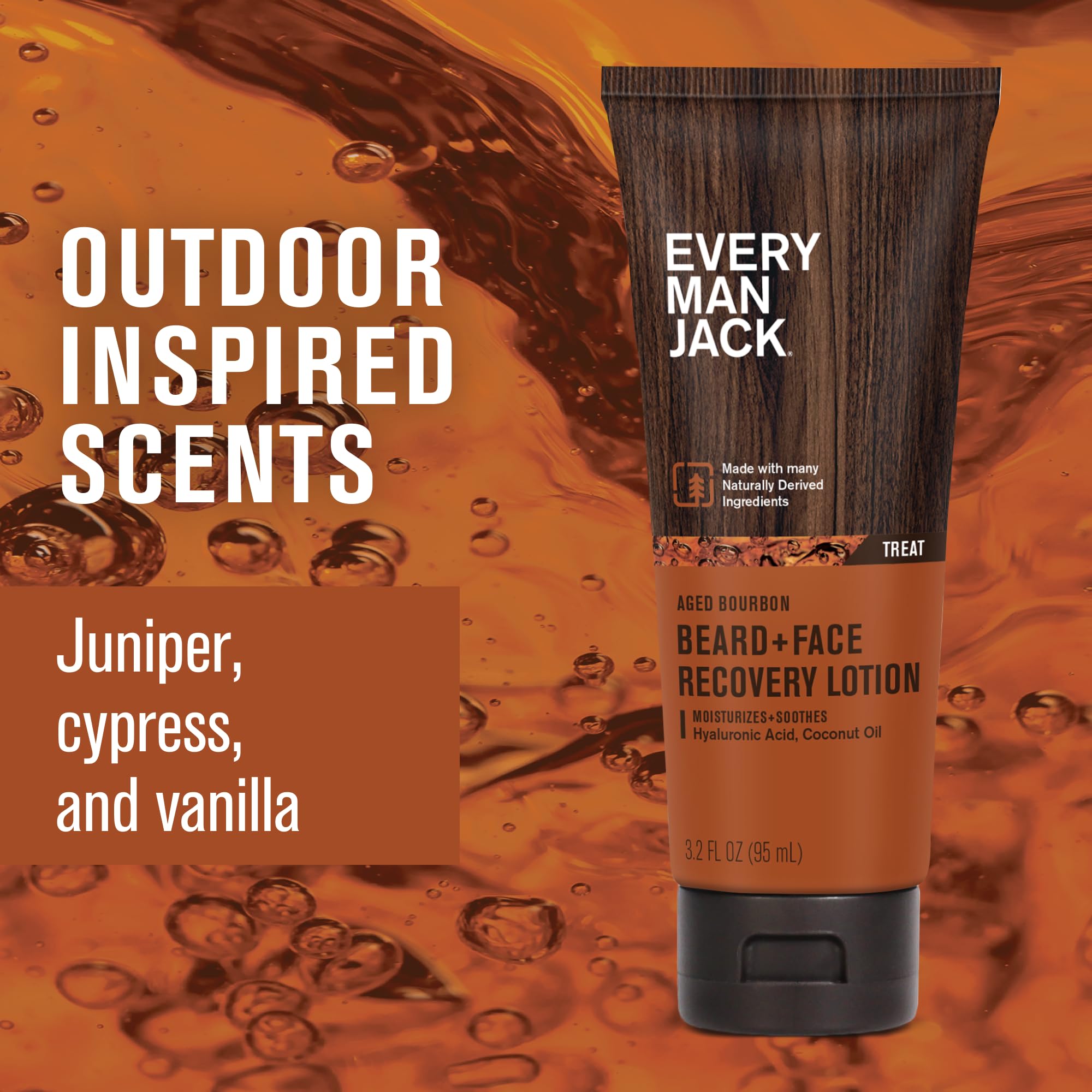 Every Man Jack beard-face recovery lotion label close-up highlighting natural ingredients and benefits