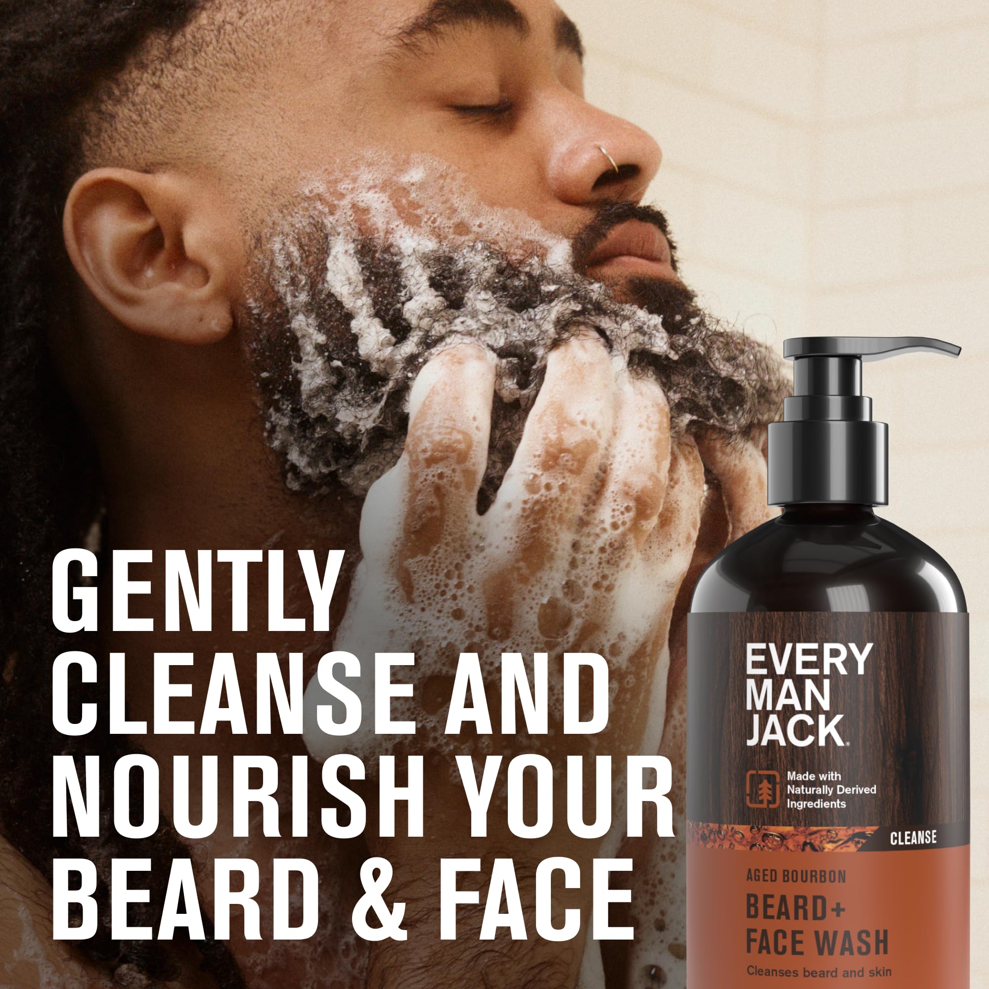 Every Man Jack beard wash lather close up demonstrating creamy foam for gentle cleansing