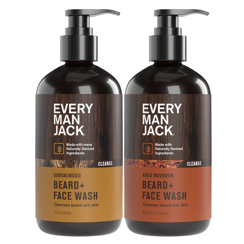 Every Man Jack beard wash sandalwood aged bourbon bottle promotes a fresh cleanse