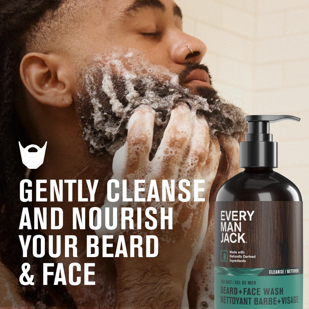 Every Man Jack beard and face wash sea salt lather closeup highlighting ocean-fresh cleansing.