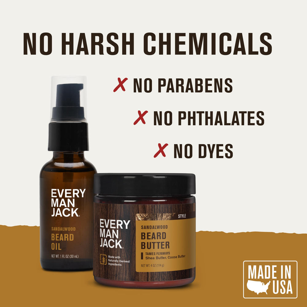 Every Man Jack close-up shows creamy beard butter texture for frizz control.