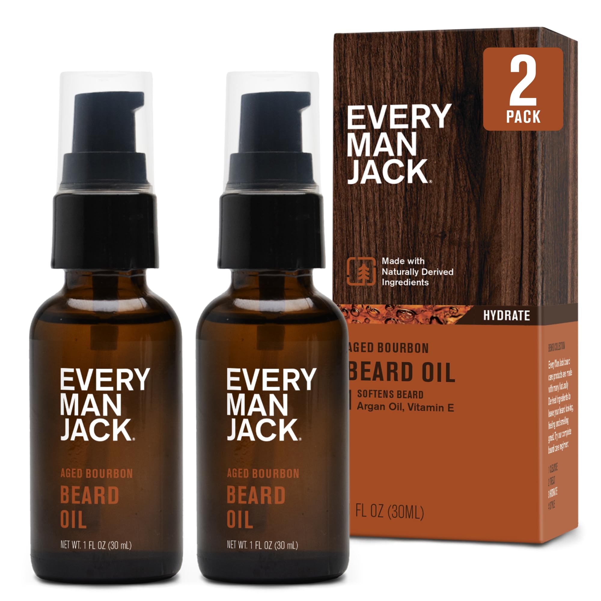 Every Man Jack beard oil aged bourbon bottle ready for daily grooming and shine.