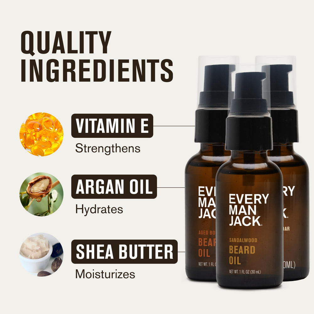 Every Man Jack beard oil with shea butter nourishes skin beneath.