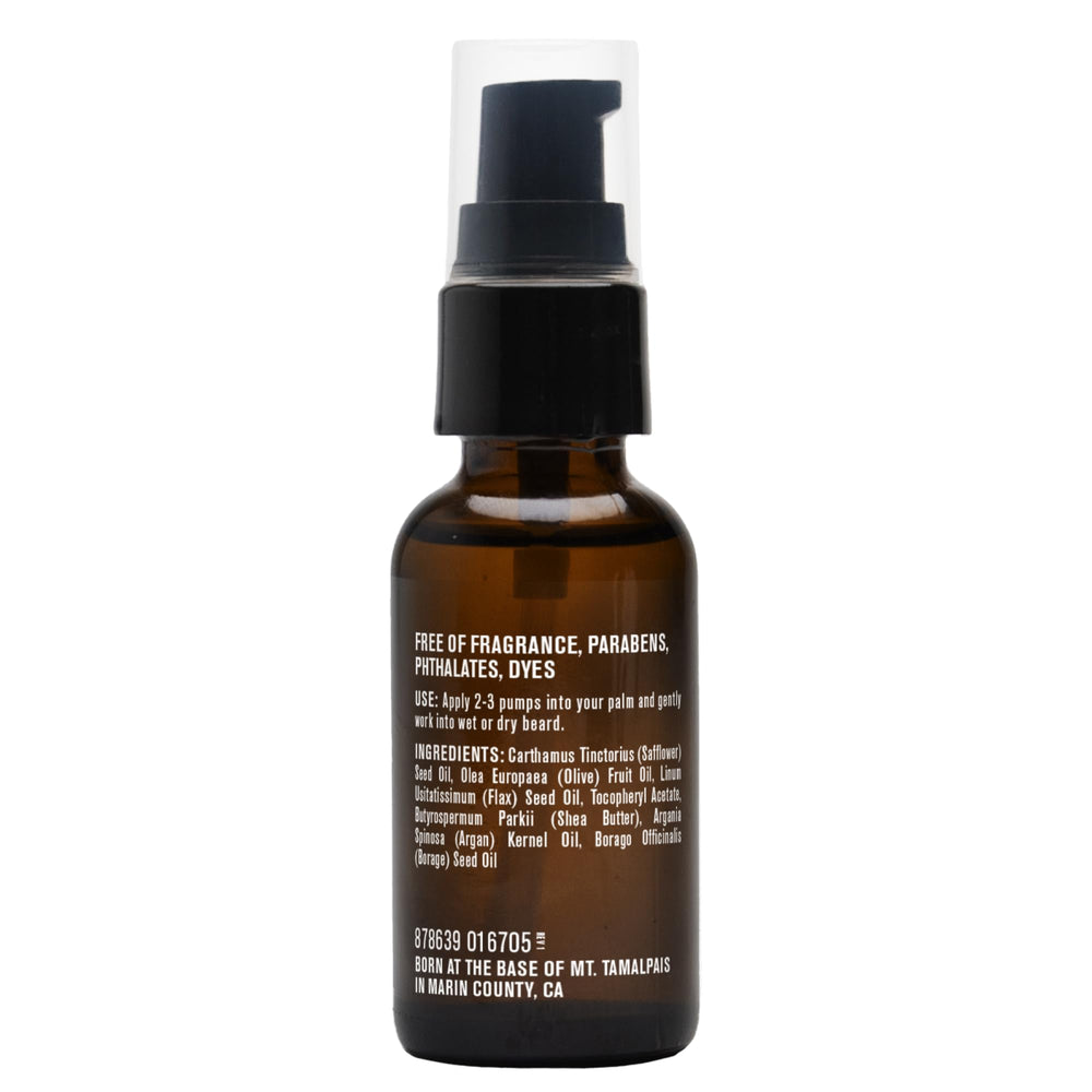 Beard oil applied to skin under beard for hydration and comfort.