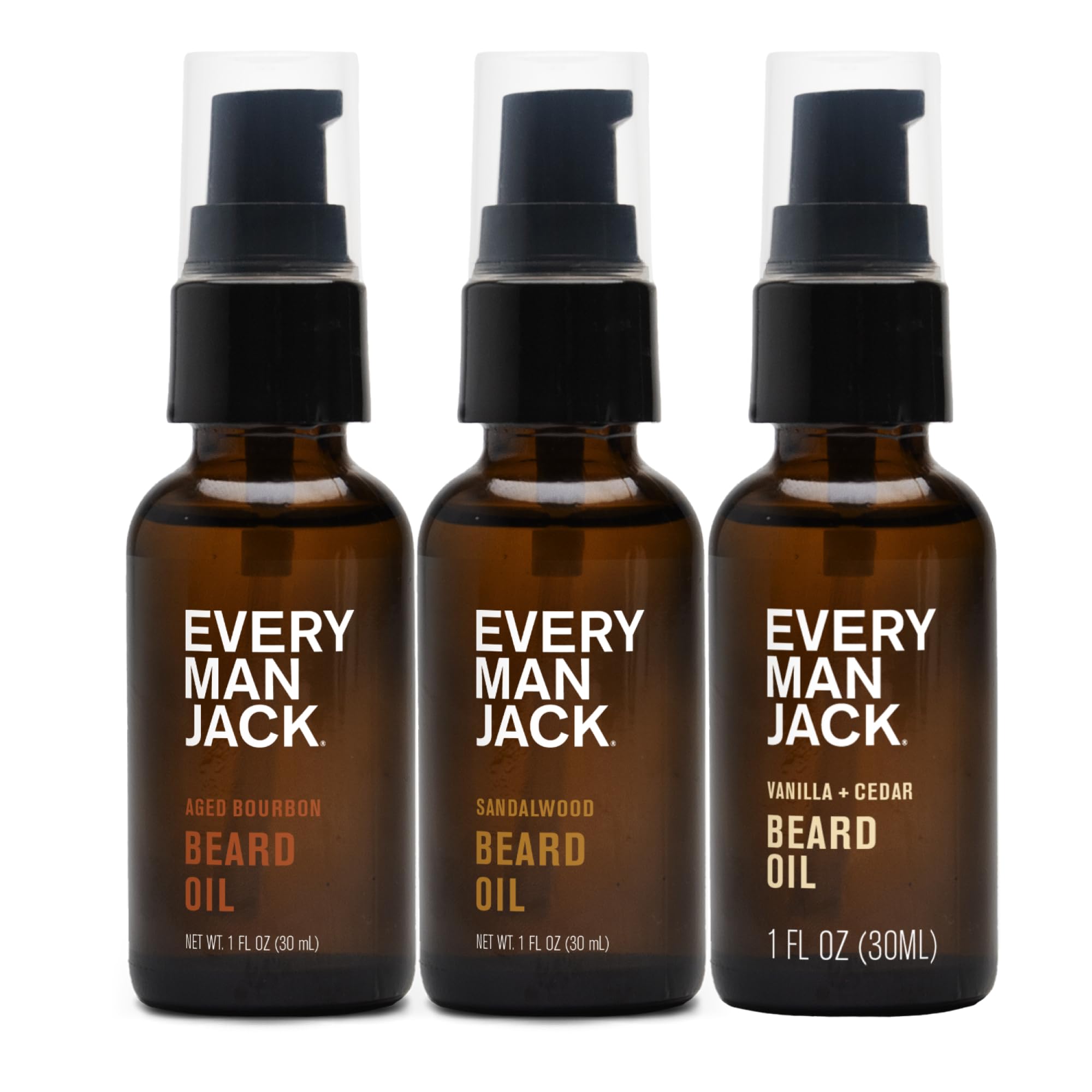 Every Man Jack sandalwood beard oil bottle pour for soft, shiny facial hair.