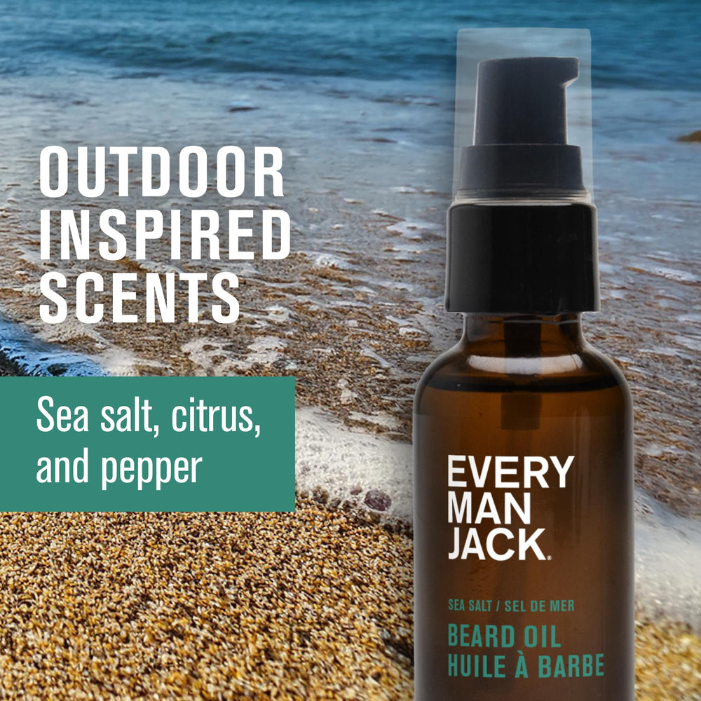 Every Man Jack beard oil-sea-mineral-citron-bottle emphasizes fragrance and skin-softening hydration.