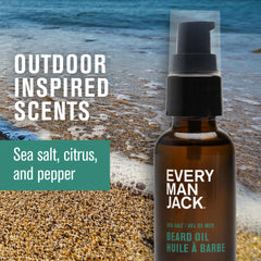 Every Man Jack beard oil-sea-mineral-citron-bottle emphasizes fragrance and skin-softening hydration.
