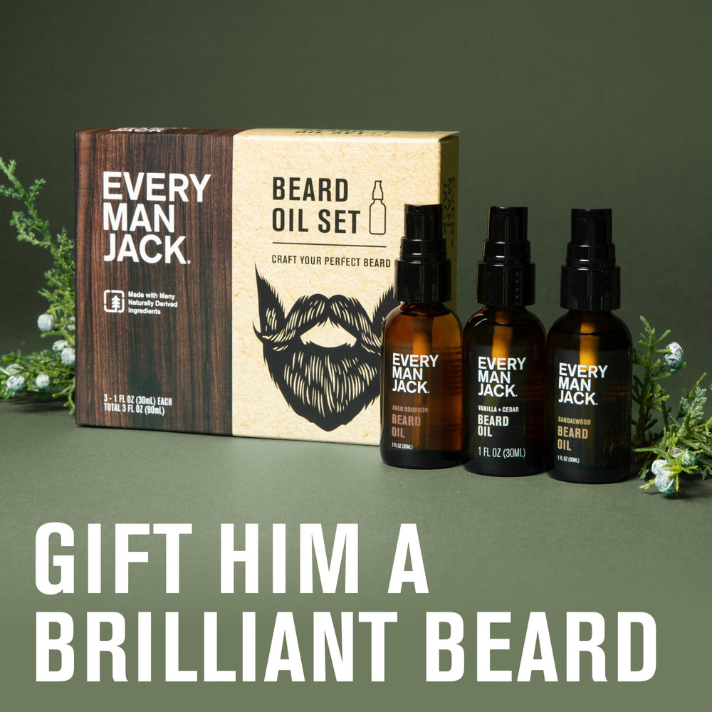 Every Man Jack vanilla cedar beard oil bottle pour for rugged-smooth feel.