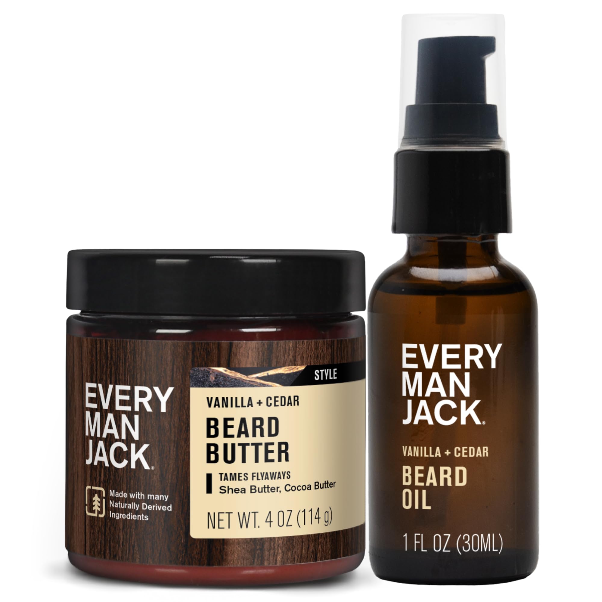 Every Man Jack beard oil bottle shows vanilla cedar scent for daily conditioning.