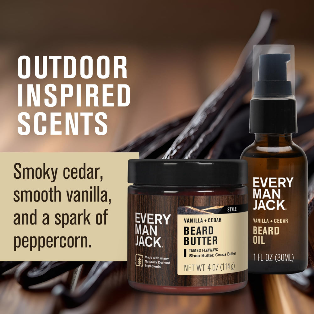 Every Man Jack beard oil close-up highlights vitamin E and argan for nourishment.