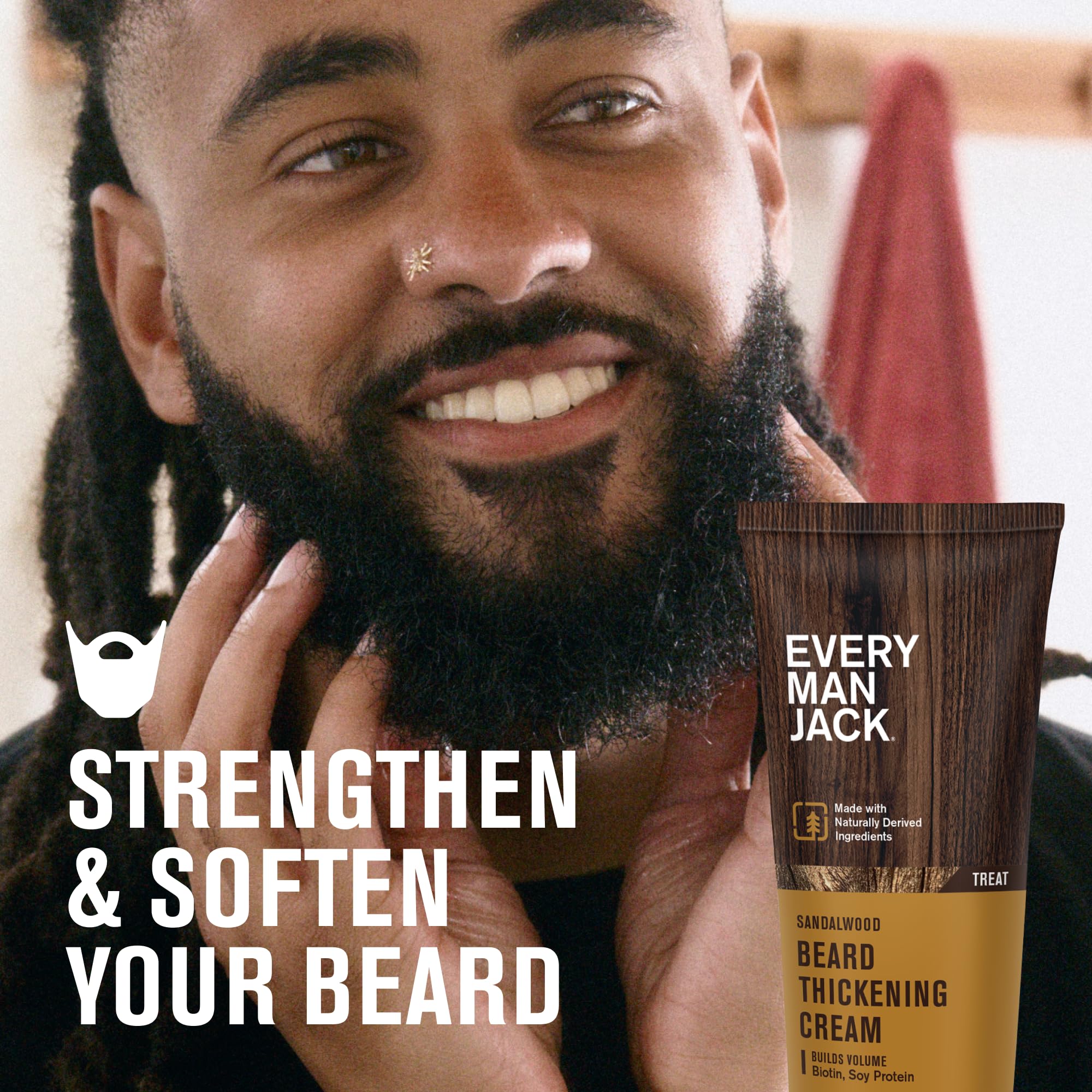 Every Man Jack Beard Thickening Cream applied between palms for quick rub-in and texture.