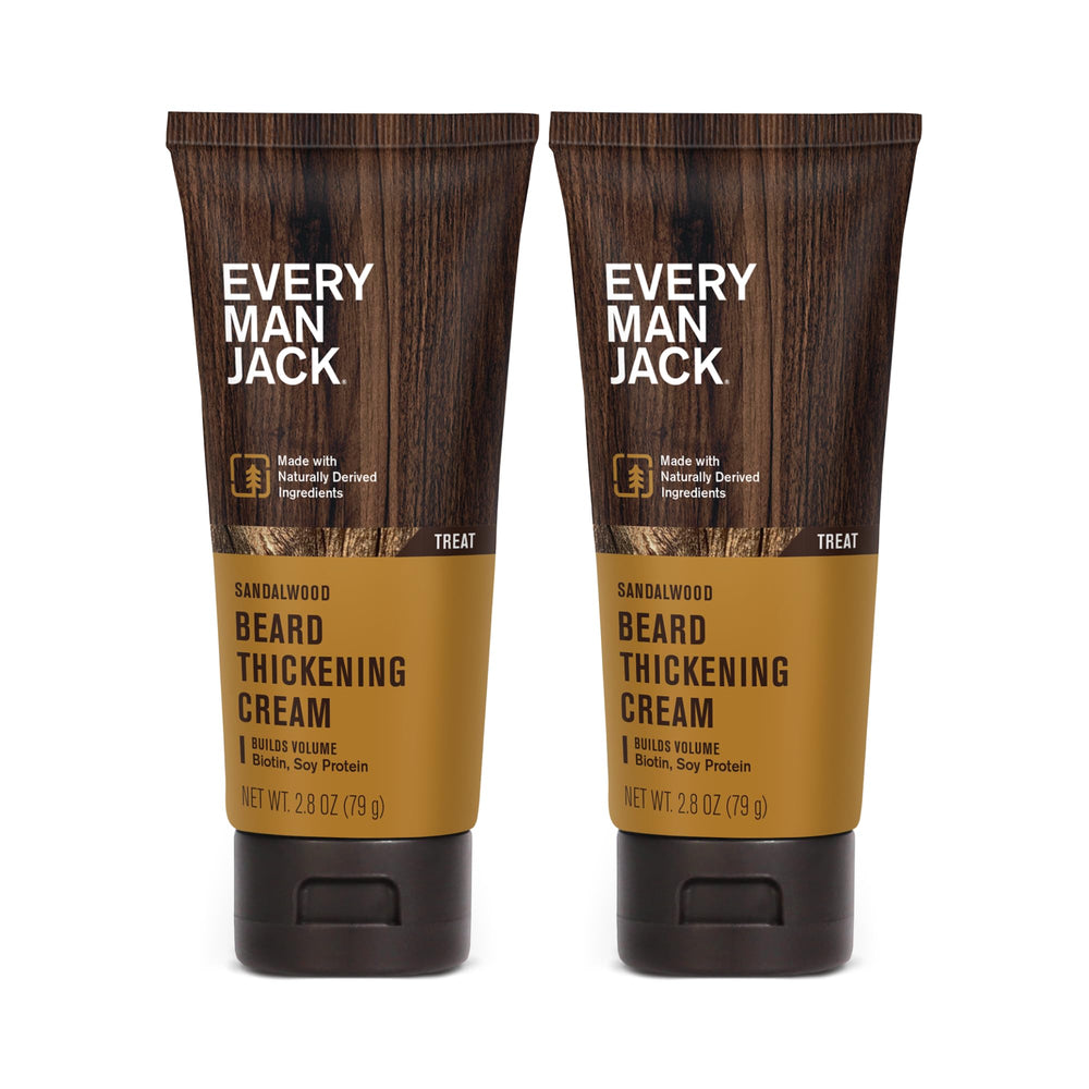 Every Man Jack Beard Thickening Cream bottle with sandalwood scent boosts fullness.