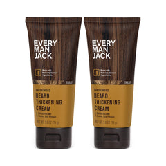 Every Man Jack Beard Thickening Cream bottle with sandalwood scent boosts fullness.