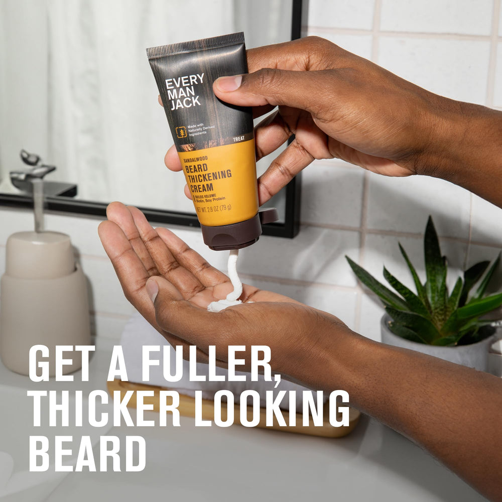 Biotin and soy protein ingredients highlighted on Every Man Jack Beard Thickening Cream package.