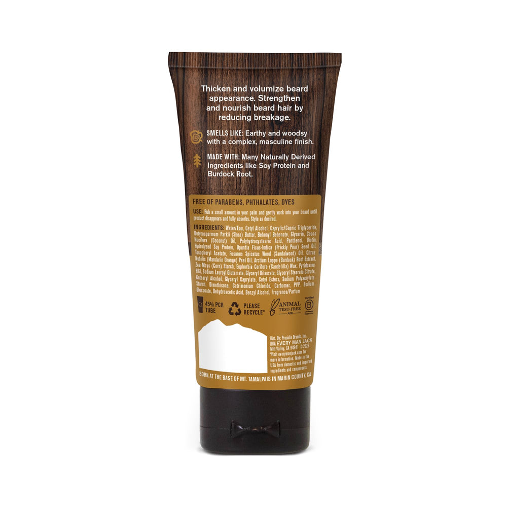 Sandalwood scent note highlighted by Every Man Jack Beard Thickening Cream bottle.