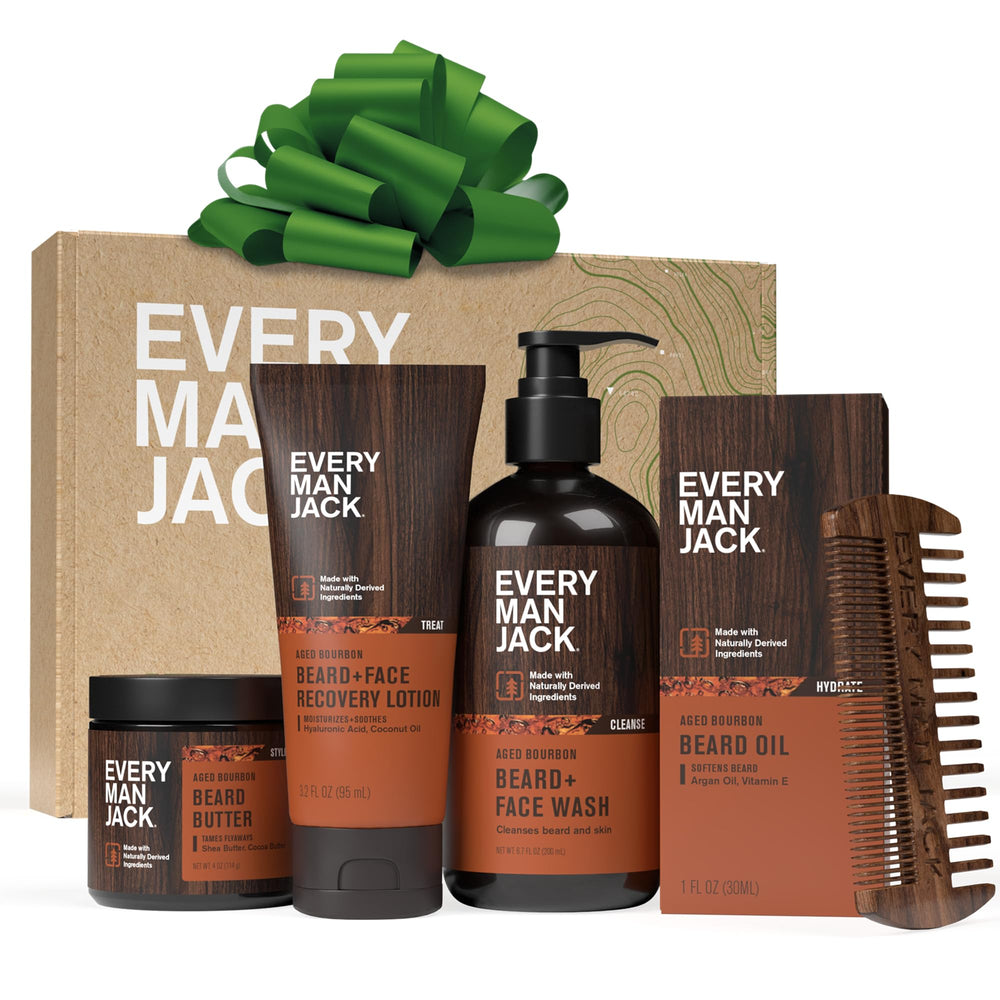 Every Man Jack Beard Wash bottle cleanses beard and skin for a refreshed start.