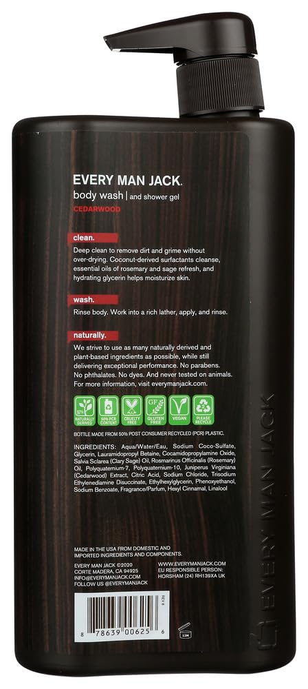 Every Man Jack Cedarwood bottle closeup showing natural, cruelty-free formulation.
