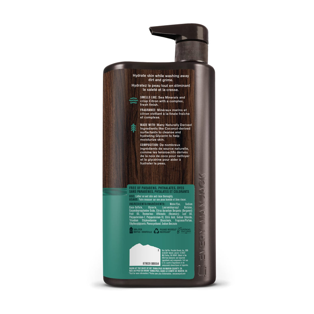 Every Man Jack bottle back panel with US-made and B Corp Certified icons.