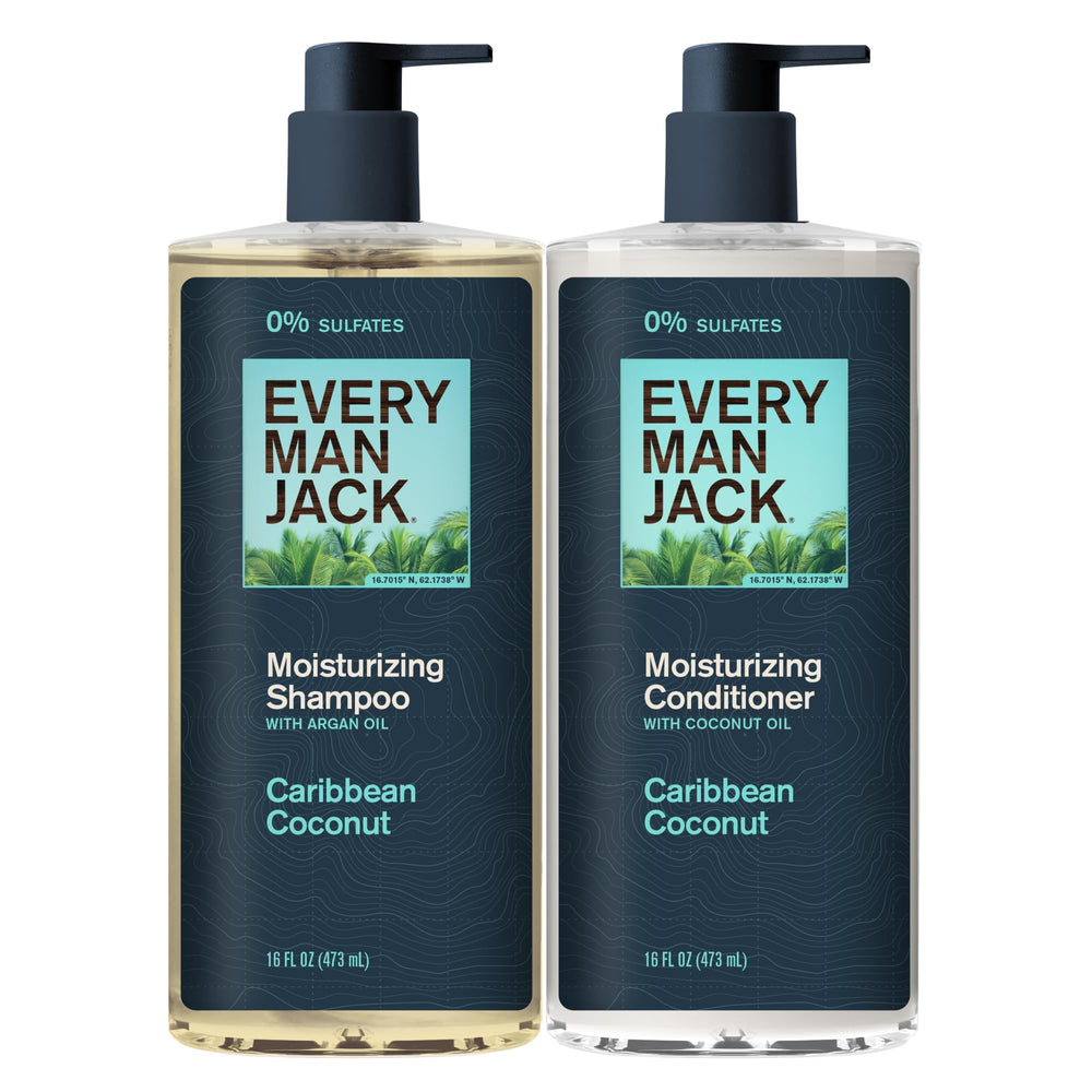 Every Man Jack Caribbean Coconut shampoo bottle in a bright bathroom for refreshing showers.
