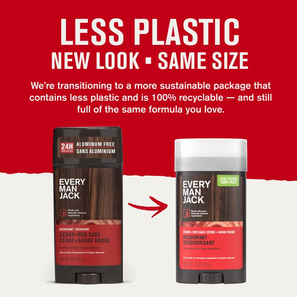 Every Man Jack cedar-red-sage deodorant stick close-up shows product texture.