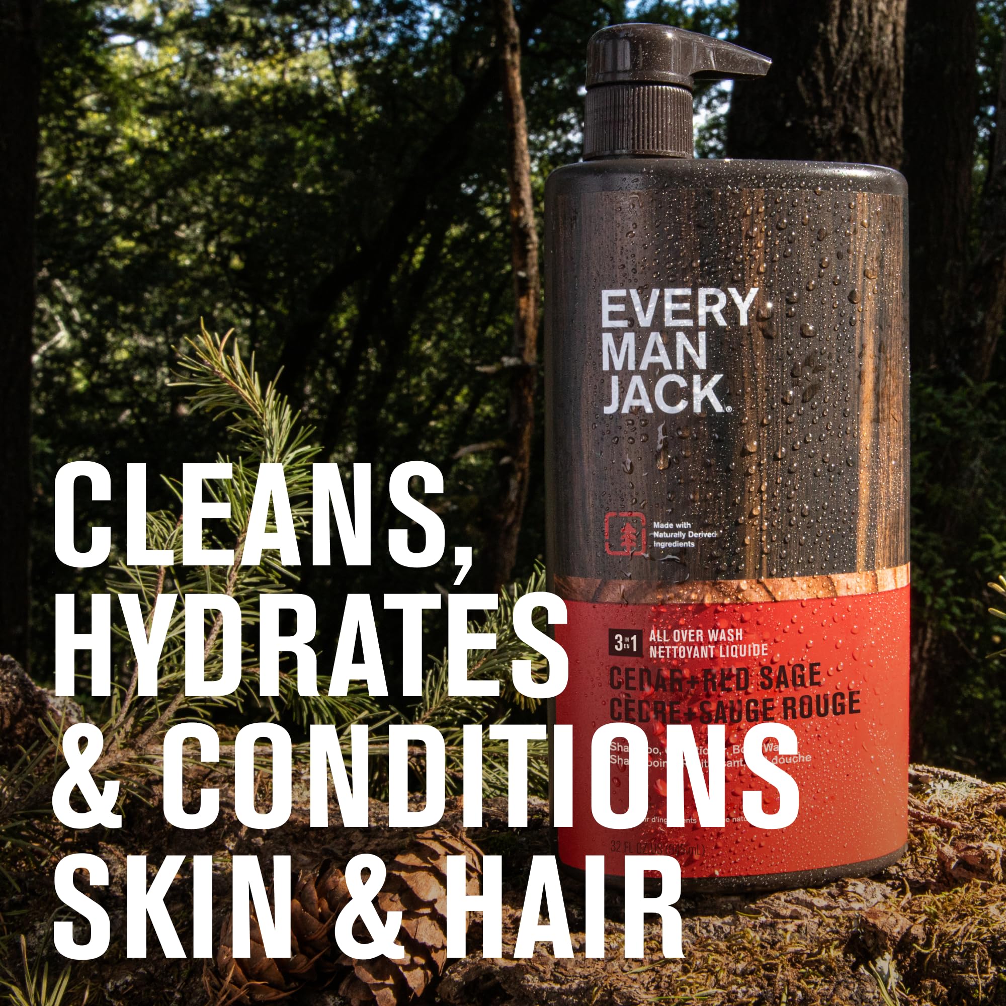 Every Man Jack Cedar + Red Sage wash pump dispensing in shower