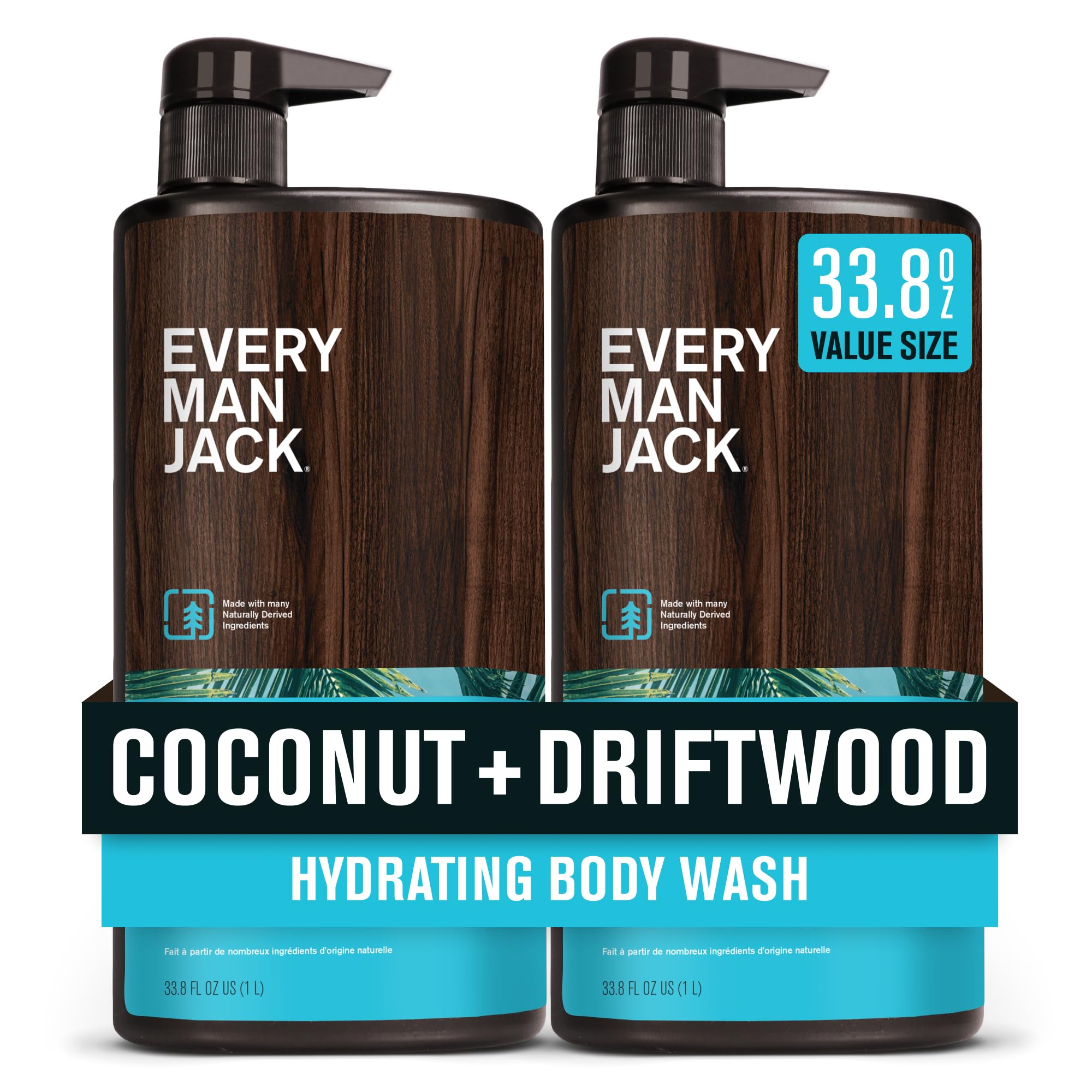 Every Man Jack coconut-driftwood body wash bottle pour for a refreshing daily cleanse.