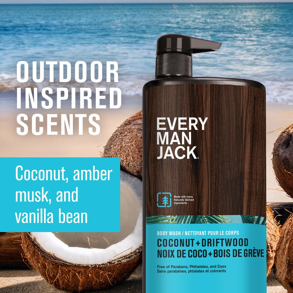 Every Man Jack coconut-driftwood body wash foam close-up demonstrates gentle cleansing.