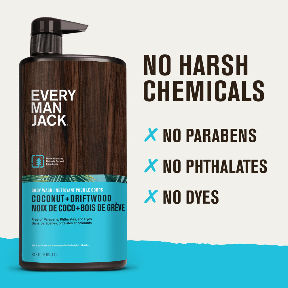 Every Man Jack coconut-driftwood body wash packaging close-up highlights clean, paraben-free formula.