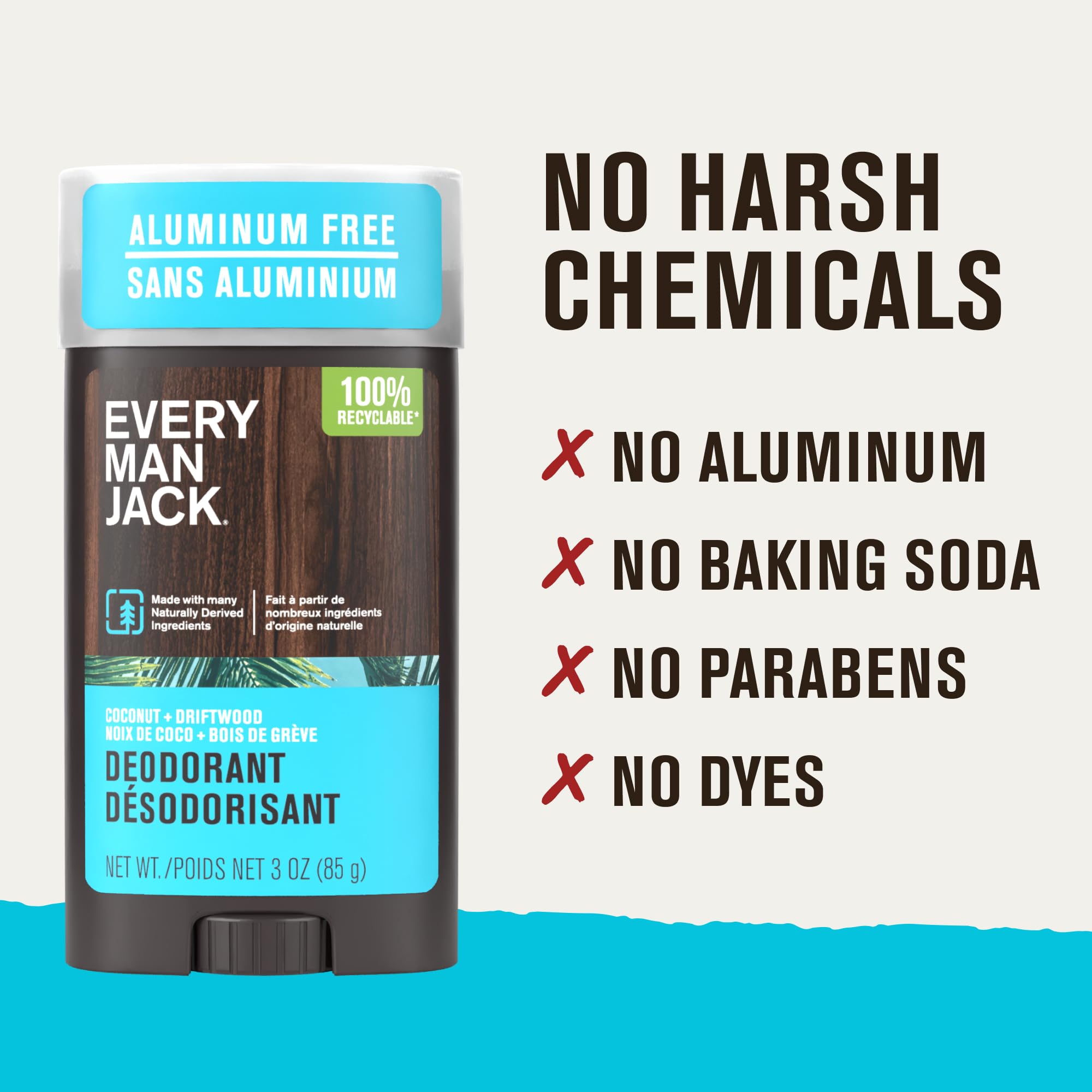 Every Man Jack Coconut Driftwood deodorant is US-made near Mt. Tam, California.