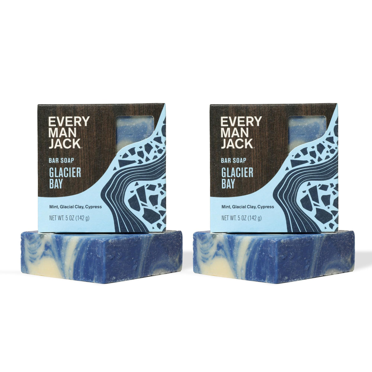 Every Man Jack Cold Plunge bar soap label highlighting Glacier Bay scent for refreshing wash