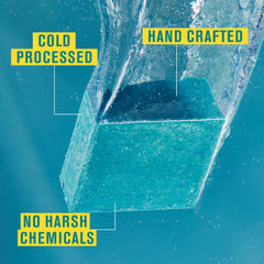 Every Man Jack Cold Plunge bar close-up highlights medium grit for exfoliation.