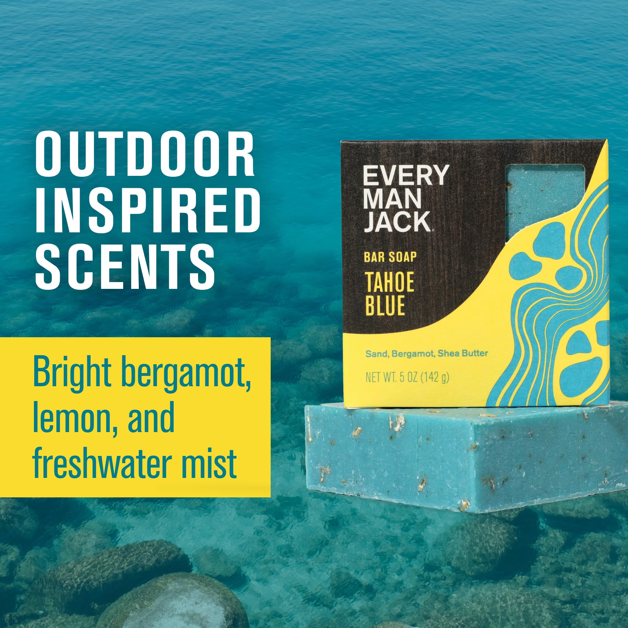 Every Man Jack Cold Plunge soap on wood surface showcases lather-ready texture.