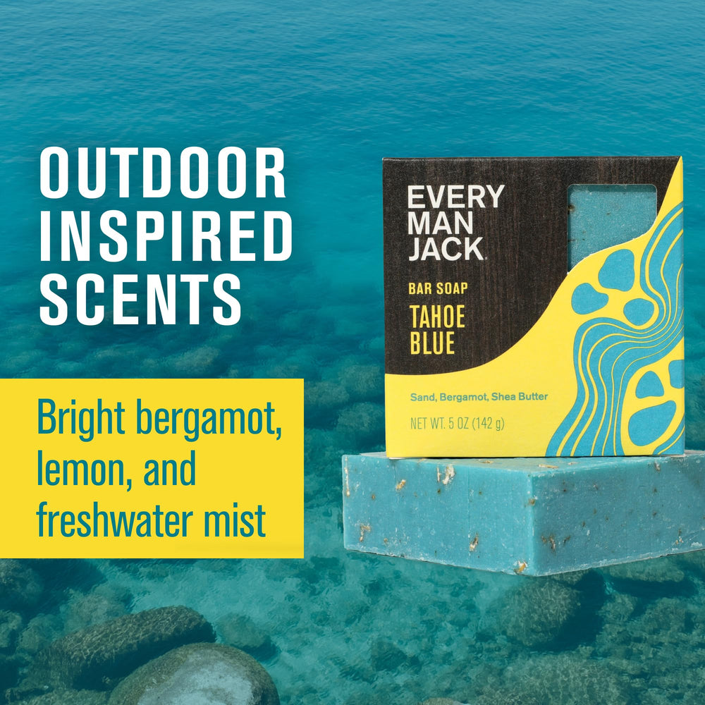 Every Man Jack Cold Plunge soap on wood surface showcases lather-ready texture.