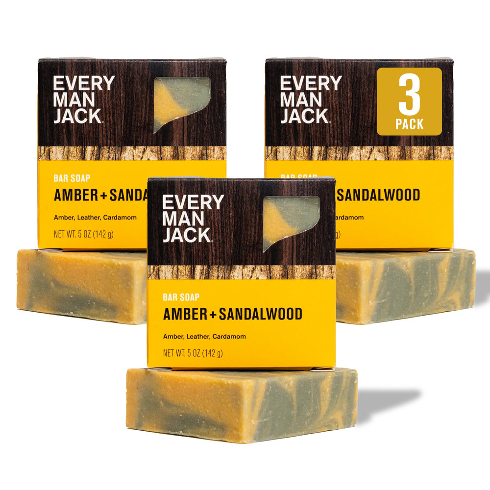 Every Man Jack cold-processed bar shows subtle amber-sandalwood texture for clean hydration.