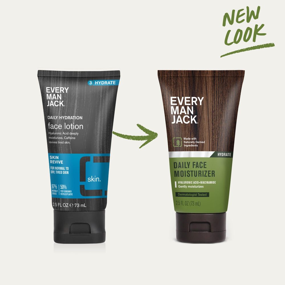 Ingredients panel for Every Man Jack Daily Face Lotion featuring hyaluronic acid and green tea.