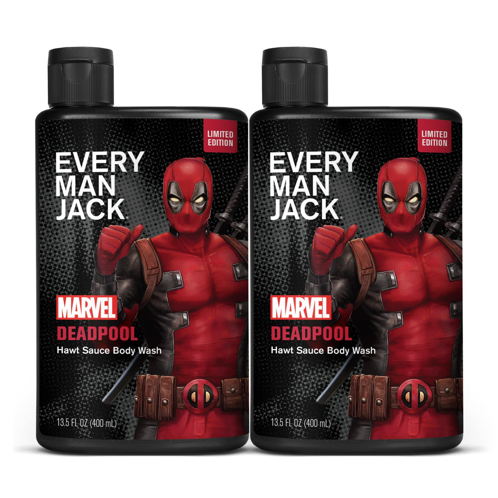 Every Man Jack Deadpool body wash bottle left side shows gift-ready packaging