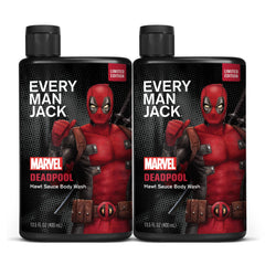 Every Man Jack Deadpool body wash bottle left side shows gift-ready packaging