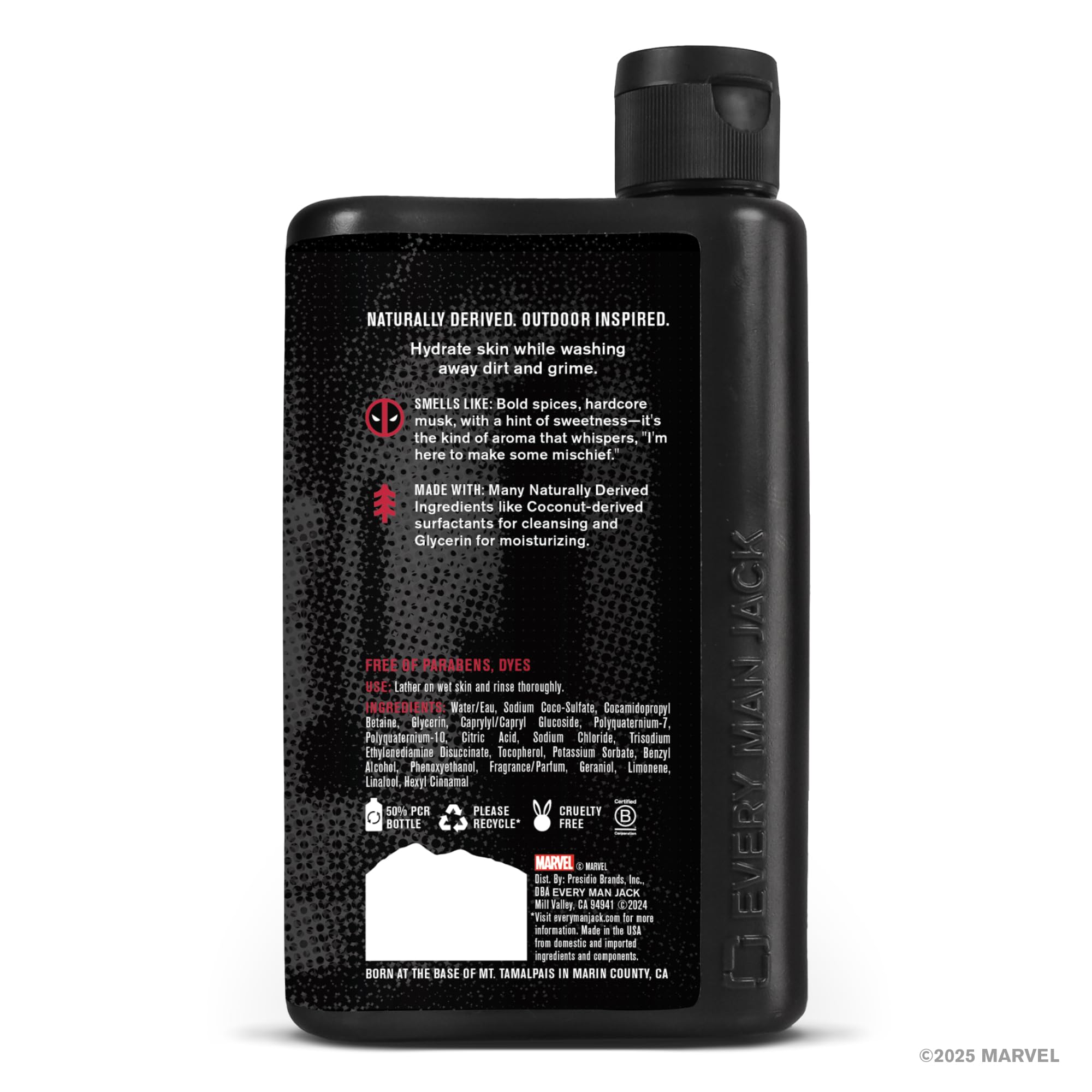 Every Man Jack Deadpool body wash brand banner reinforces hero-themed routine