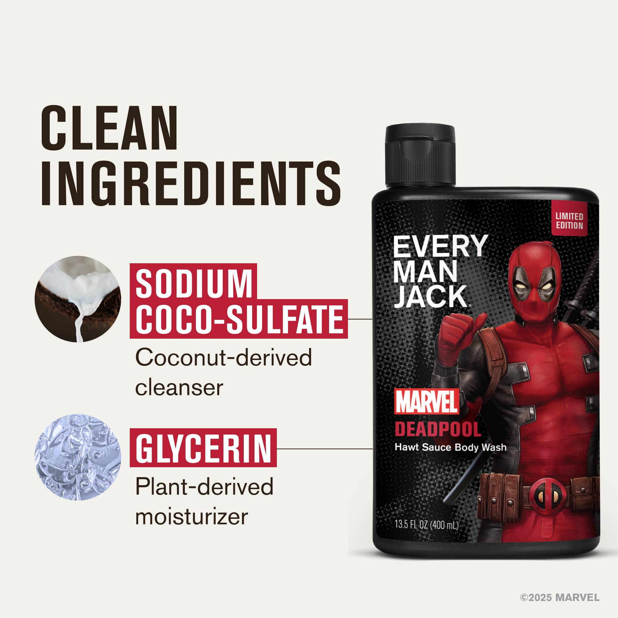 Every Man Jack Deadpool body wash label closeup highlights clean ingredients