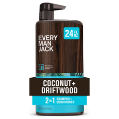 Every Man Jack driftwood coconut bottle highlights tropical scent for all hair types.