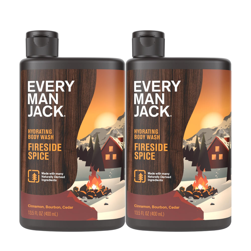 Every Man Jack Fireside Spice bottle pour for a cozy shower ritual.