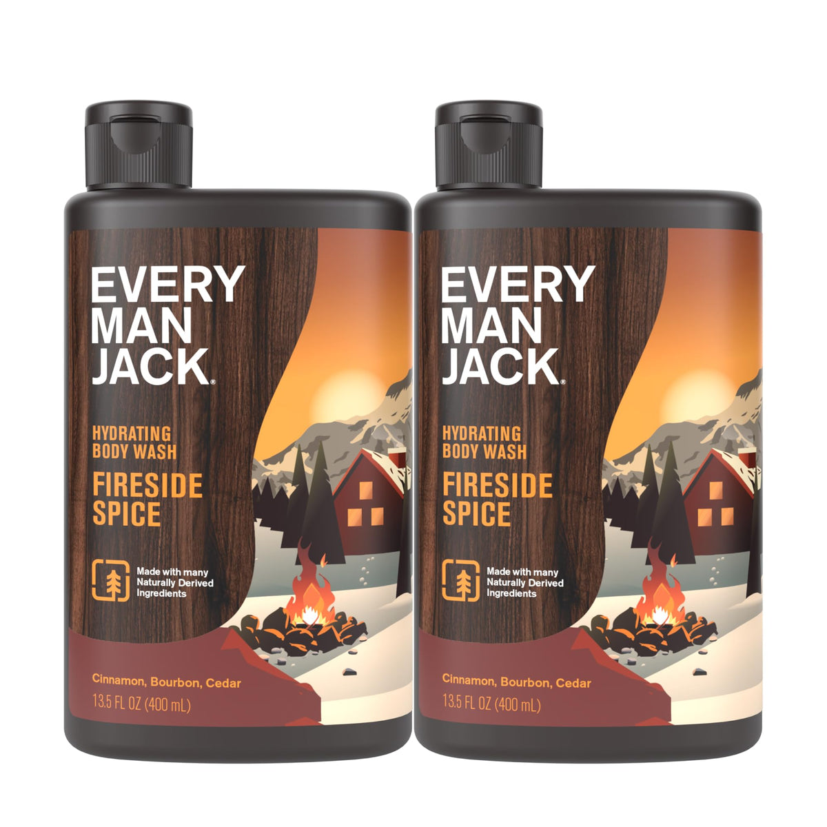 Every Man Jack Fireside Spice bottle pour for a cozy shower ritual.