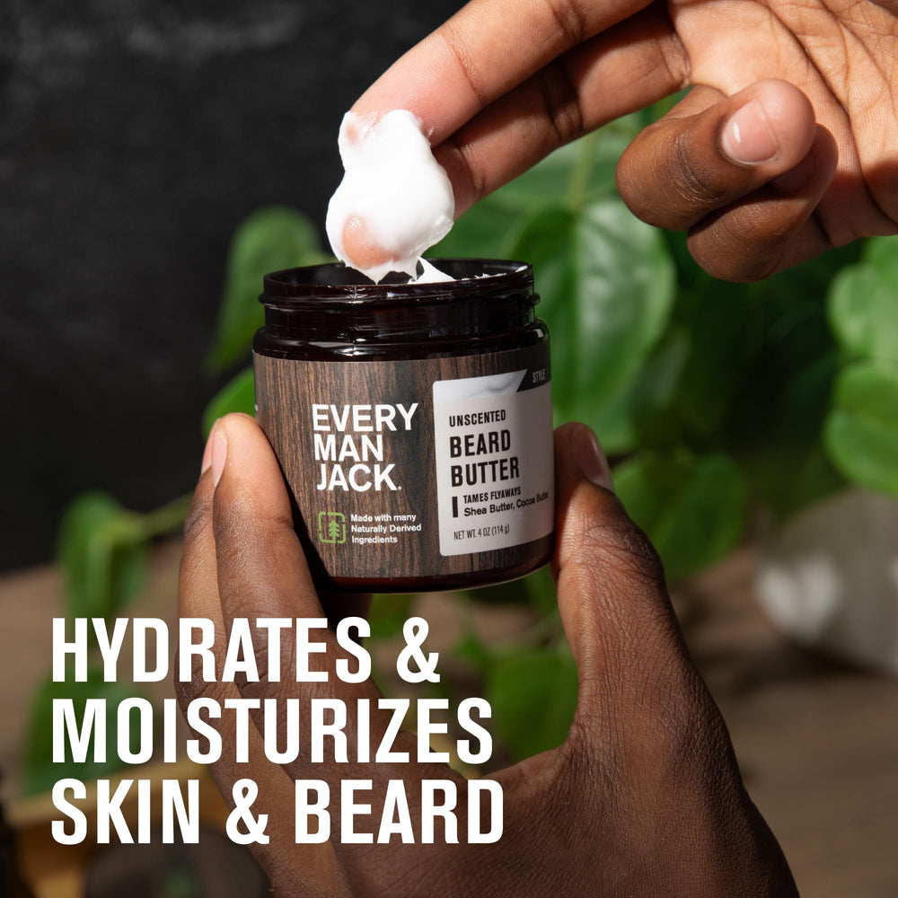 Every Man Jack fragrance-free beard butter label emphasizes suitability for sensitive skin