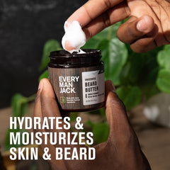 Every Man Jack fragrance-free beard butter label emphasizes suitability for sensitive skin