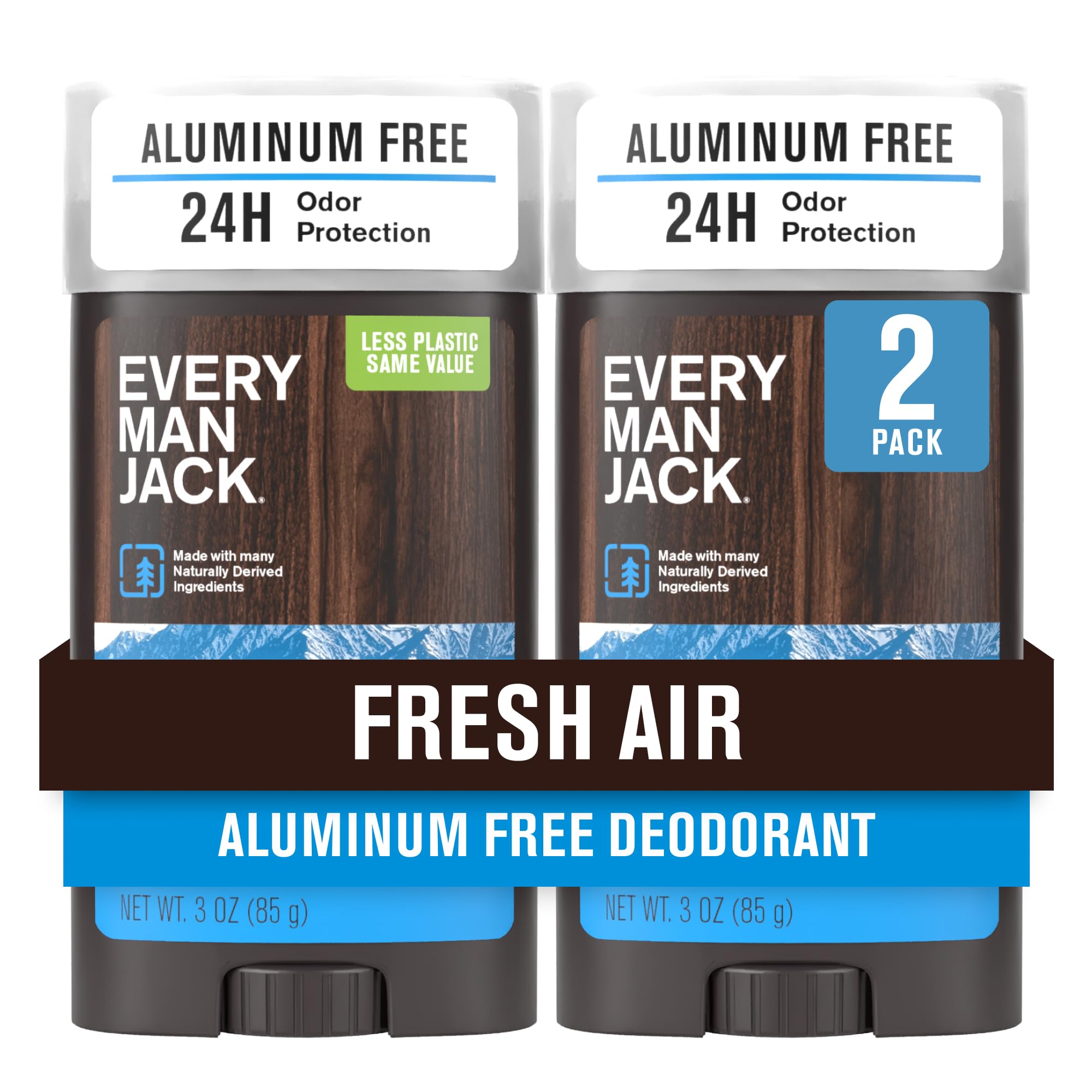 Every Man Jack Fresh Air deodorant pack shot showing aluminum-free protection for all skin types