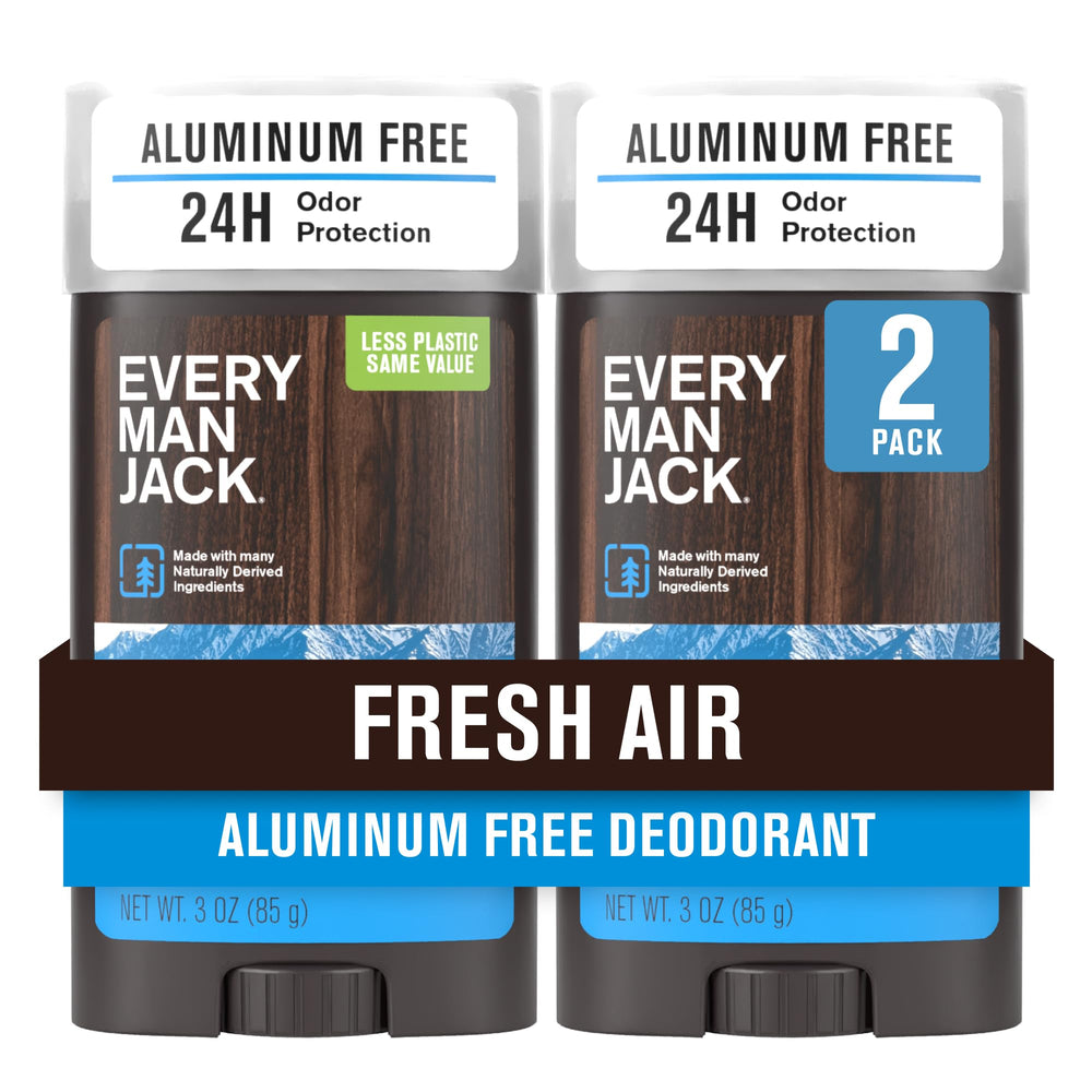 Every Man Jack Fresh Air deodorant pack shot showing aluminum-free protection for all skin types